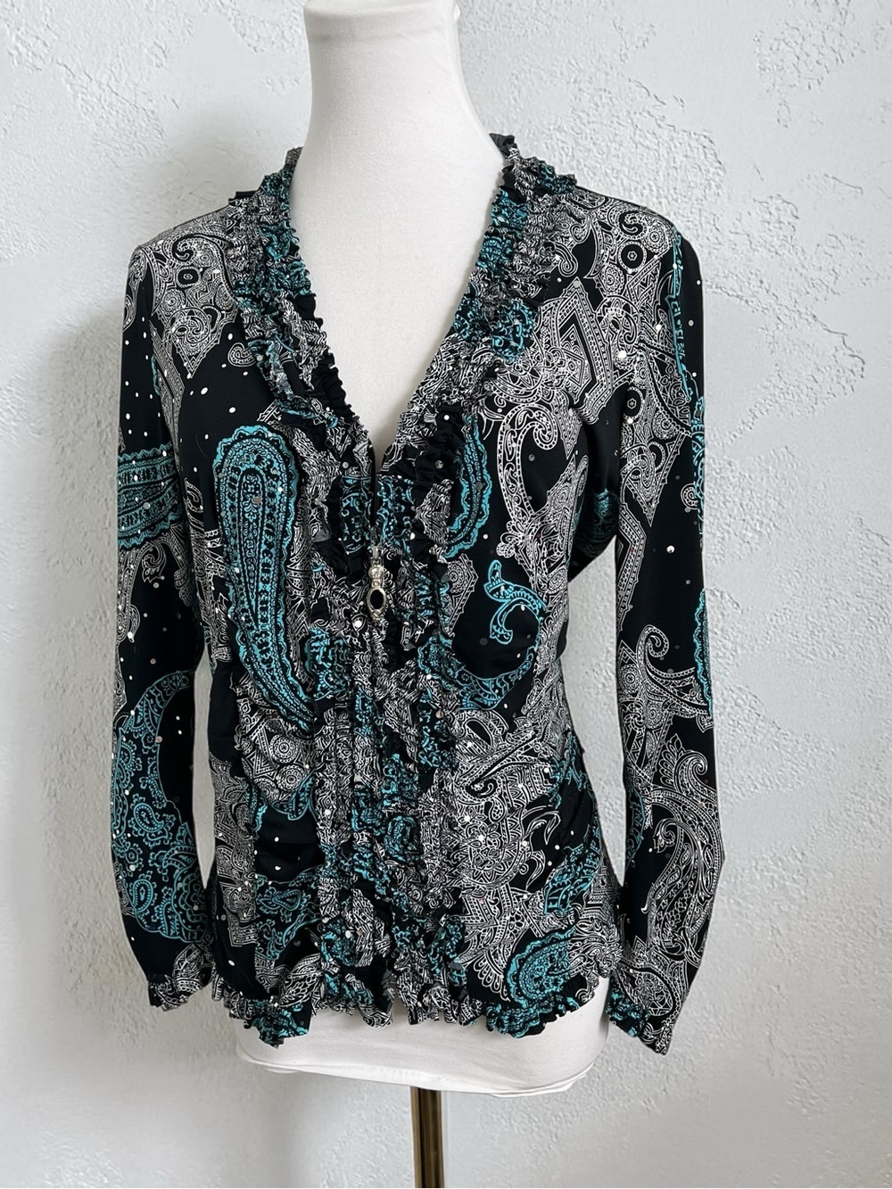 Vintage Paisley Zip-Up Blouse Teal Black Ruffle Boho Goth Y2K Top